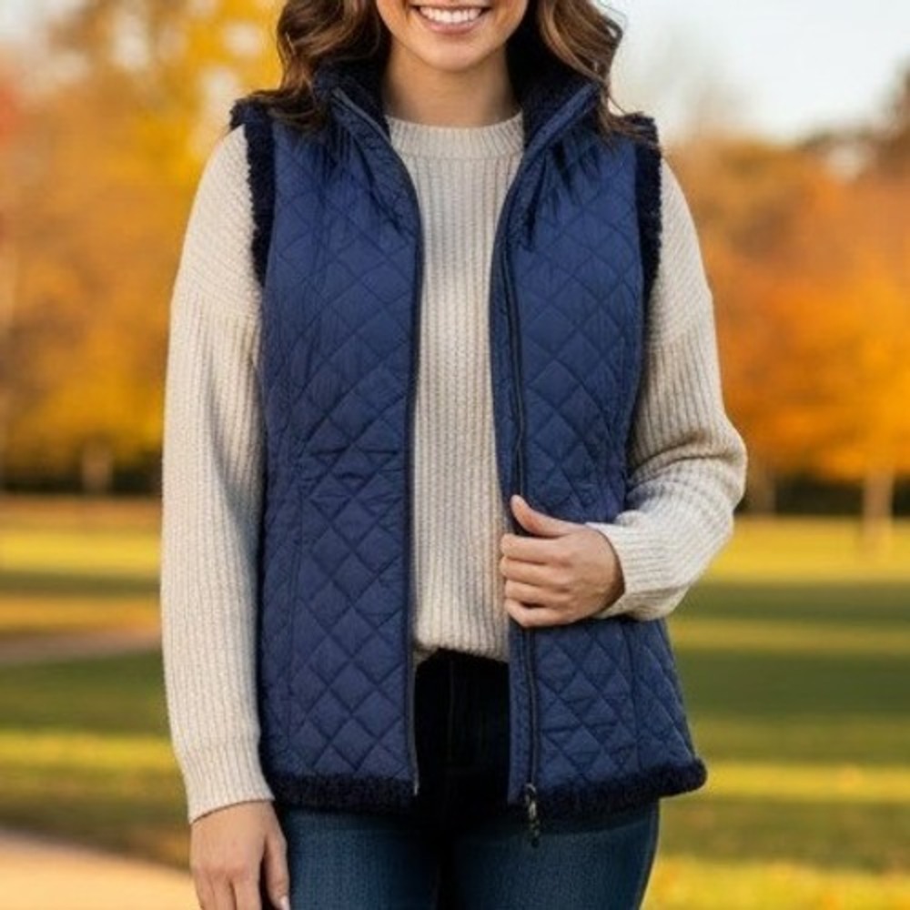 d&co‎ Denim Company Quilted Faux Fur Trim Vest Navy Blue Womens Size S Reverse